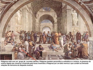 Pitágoras está com um  grupo de  ouvintes atentos. Pitágoras também personifica a aritmética e a música. A presença da música ligada aos números é ilustrada pela lousa mostrada a Pitágoras por um belo menino e que contém as famosas relações da harmonia do diapasão musical.   