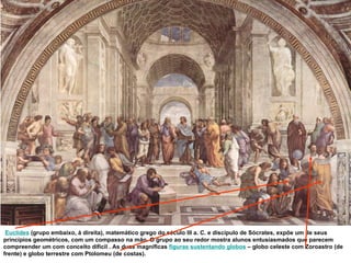 Euclides  (grupo embaixo, à direita), matemático grego do século III a. C. e discípulo de Sócrates, expõe um de seus princípios geométricos, com um compasso na mão. O grupo ao seu redor mostra alunos entusiasmados que parecem compreender um com conceito difícil . As duas magníficas  figuras sustentando globos  – globo celeste com Zoroastro (de frente) e globo terrestre com Ptolomeu (de costas). 