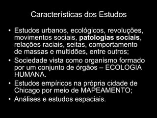 Características dos Estudos Estudos urbanos, ecológicos, revoluções, movimentos sociais,  patologias sociais , relações raciais, seitas, comportamento de massas e multidões, entre outros; Sociedade vista como organismo formado por um conjunto de órgãos – ECOLOGIA HUMANA. Estudos empíricos na própria cidade de Chicago por meio de MAPEAMENTO; Análises e estudos espaciais. 