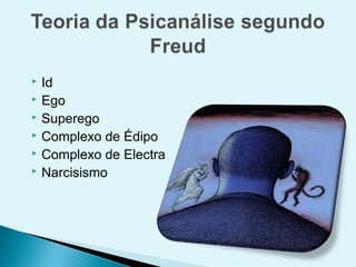  Id
 Ego
 Superego
 Complexo de Édipo
 Complexo de Electra
 Narcisismo
 