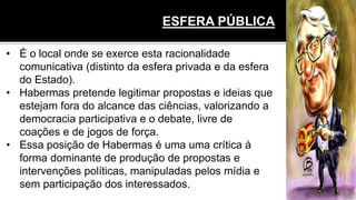ESFERA PÚBLICA
• É o local onde se exerce esta racionalidade
comunicativa (distinto da esfera privada e da esfera
do Estado).
• Habermas pretende legitimar propostas e ideias que
estejam fora do alcance das ciências, valorizando a
democracia participativa e o debate, livre de
coações e de jogos de força.
• Essa posição de Habermas é uma uma crítica à
forma dominante de produção de propostas e
intervenções políticas, manipuladas pelos mídia e
sem participação dos interessados.
ESFERA PÚBLICA
 