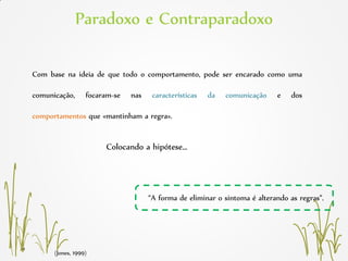 Paradoxo e Contraparadoxo
(Jones, 1999)
Com base na ideia de que todo o comportamento, pode ser encarado como uma
comunicação, focaram-se nas características da comunicação e dos
comportamentos que «mantinham a regra».
Colocando a hipótese…
“A forma de eliminar o sintoma é alterando as regras”.
 