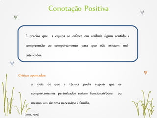 Conotação Positiva
(Jones, 1999)
É preciso que a equipa se esforce em atribuir algum sentido e
compreensão ao comportamento, para que não existam mal-
entendidos.
a ideia de que a técnica podia sugerir que os
comportamentos perturbados seriam funcionais/bons ou
mesmo um sintoma necessário à família.
Criticas apontadas:
 