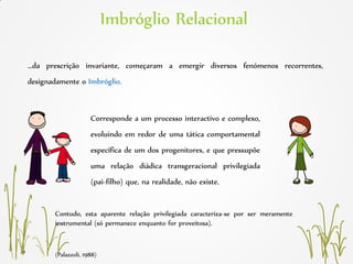 (Palazzoli, 1988)
Imbróglio Relacional
…da prescrição invariante, começaram a emergir diversos fenómenos recorrentes,
designadamente o Imbróglio.
Corresponde a um processo interactivo e complexo,
evoluindo em redor de uma tática comportamental
específica de um dos progenitores, e que pressupõe
uma relação diádica transgeracional privilegiada
(pai-filho) que, na realidade, não existe.
Contudo, esta aparente relação privilegiada caracteriza-se por ser meramente
instrumental (só permanece enquanto for proveitosa).
 