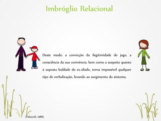 (Palazzoli, 1988)
Imbróglio Relacional
Deste modo, a convicção da ilegitimidade do jogo, a
consciência da sua conivência, bem como a suspeita quanto
à suposta lealdade do ex-aliado, torna impossível qualquer
tipo de verbalização, levando ao surgimento do sintoma.
 