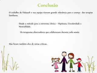 Conclusão
O trabalho de Palazzoli e sua equipa tiveram grande relevância para o avanço das terapias
familiares.
Desde o método para a entrevista clinica – Hipóteses, Circularidade e
Neutralidade.
Os terapeutas observadores que colaboravam durante cada sessão
Mas foram também alvo de várias criticas..
 