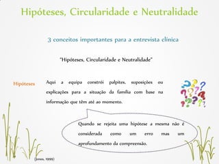 Hipóteses, Circularidade e Neutralidade
(Jones, 1999)
3 conceitos importantes para a entrevista clínica
“Hipóteses, Circularidade e Neutralidade”
Aqui a equipa constrói palpites, suposições ou
explicações para a situação da família com base na
informação que têm até ao momento.
Hipóteses
Quando se rejeita uma hipótese a mesma não é
considerada como um erro mas um
aprofundamento da compreensão.
 