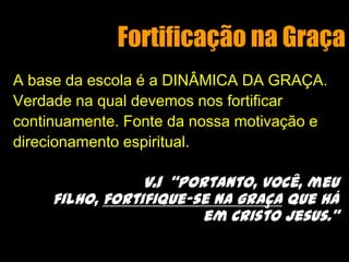Fortificação na GraçaA base da escola é a DINÂMICA DA GRAÇA.Verdade na qual devemos nos fortificarcontinuamente. Fonte da nossa motivação edirecionamento espiritual. v.1  “Portanto, você, meu filho, fortifique-se na graça que há em Cristo Jesus.”