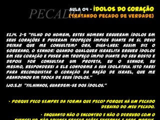 AULA 03 – SINAIS DA REGENERAÇÃO (No que somos diferentes dos ímpios)NOVA VIDARm.8.8 Quem é dominado pela carne não pode agradar a Deus. 9 Entretanto, vocês não estão sob o domínio da carne, mas do Espírito, se de fato o Espírito de Deus habita em vocês. E, se alguém não tem o Espírito de Cristo, não pertence a Cristo.Hb.11.6  “Sem fé é impossível agradar a Deus...”.Rm.8.5  “Quem vive segundo a carne tem a mente voltada para o que a carne deseja; mas quem vive de acordo com o Espírito, tem a mente voltada para o que o Espírito deseja.”SER NOVA CRIATURA NÃO É SER SIMPLESMENTE UMA PESSOA MELHOR. A MARCA DE UMA NOVA CRIATURA É VIVERDE UMA FORMA QUE AQUELE QUE AINDA NASCEU DE NOVO NÃO SÓ NÃOQUER COMO NÃO CONSEGUE VIVER.
