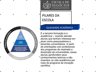 PILARES DA ESCOLA QUALIDADE ACADÊMICA E a terceira formação é a acadêmica – visando atender alunos que tenham interesse em atuar como pesquisadores e docentes universitários. A partir de orientações com professores dos programas de mestrado e doutorado da universidade, esses alunos aprofundam seus conhecimentos teóricos e são inseridos na vida acadêmica por meio do programa de iniciação cientifica.  