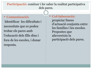 Participació: conèixer i fer saber la realitat participativa
                        dels pares.

 Comunicació:                     Col·laboració:

 Identificar les dificultats i      propiciar línees
                                    d’actuació conjunta entre
necessitats que es poden
                                    les famílies i les escoles.
trobar els pares amb                Propostes que
l’educació dels fills dins i        afavoreixin la
fora de les escoles, i donar        participació dels pares.
resposta.
 