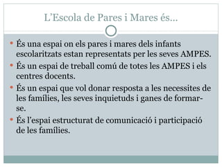 L’Escola de Pares i Mares és…

 És una espai on els pares i mares dels infants
  escolaritzats estan representats per les seves AMPES.
 És un espai de treball comú de totes les AMPES i els
  centres docents.
 És un espai que vol donar resposta a les necessites de
  les famílies, les seves inquietuds i ganes de formar-
  se.
 És l’espai estructurat de comunicació i participació
  de les famílies.
 