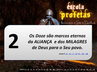 2               Os	
  Doze	
  são	
  marcos	
  eternos	
  
                da	
  ALIANÇA	
  	
  e	
  dos	
  MILAGRES	
  
                  de	
  Deus	
  para	
  o	
  Seu	
  povo.
                                                              Josué 4. 5 - 6 - 7 - 8 – 9 - 19 - 20




    Josué 4. 1 - 2 - 3 - 4 - 5 - 6 - 7 - 8 - 9 - 19 - 20 / Josué 5. 1 - 2 - 3 - 4 - 5 - 6 - 7 - 8 - 9 - 10 - 11 - 12
 