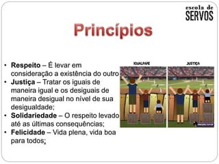 • Respeito – É levar em
consideração a existência do outro.
• Justiça – Tratar os iguais de
maneira igual e os desiguais de
maneira desigual no nível de sua
desigualdade;
• Solidariedade – O respeito levado
até as últimas consequências;
• Felicidade – Vida plena, vida boa
para todos;
 