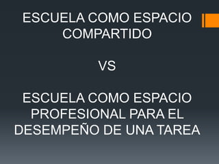 ESCUELA COMO ESPACIO
COMPARTIDO
VS
ESCUELA COMO ESPACIO
PROFESIONAL PARA EL
DESEMPEÑO DE UNA TAREA
 