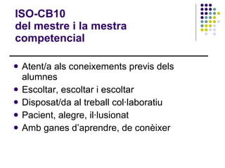 ISO-CB10  del mestre i la mestra competencial Atent/a als coneixements previs dels alumnes Escoltar, escoltar i escoltar Disposat/da al treball col·laboratiu Pacient, alegre, il·lusionat Amb ganes d’aprendre, de conèixer 