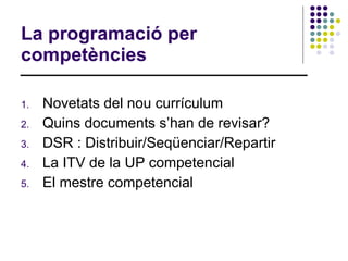 La programació per competències Novetats del nou currículum Quins documents s’han de revisar? DSR : Distribuir/Seqüenciar/Repartir La ITV de la UP competencial El mestre competencial 