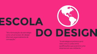 ESCOLA
“Vê a formulação da estratégia
como um processo de design
informal, essencialmente de
concepção.”
DO DESIGN
“A estratégia econômica será
vista como a união entre
qualificações que posiciona uma
empresa em seu ambiente. “
 