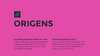 CALIFORNIA UNIVERSITY (BERKELEY) e MIT
Origem atribuída a dois livros publicados
nessas universidades. Primeira noção
em 1957 por Philip Selznick e em 1962
por Alfred D. Chandler.
ORIGENS
HARVARD BUSINESS SCHOOL
Livro-texto básico, Business Policy: Text
and Cases de 1965, ficou caracterizado
como o primeiro ímpeto da Escola de
Design, por Learned et al.
 