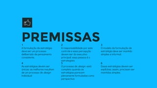 PREMISSAS
4
As estratégias devem ser
únicas: as melhores resultam
de um processo de design
individual
5
O processo de design está
completo quando as
estratégias parecem
plenamente formuladas como
perspectiva
6
Essas estratégias devem ser
explícitas; assim, precisam ser
mantidas simples.
1
A formulação da estratégia
deve ser um processo
deliberado de pensamento
consistente.
2
A responsabilidade por este
controle e essa percepção
devem ser do executivo
principal: essa pessoa é o
estrategista
3
O modelo da formulação de
estratégia deve ser mantido
simples e informal.
 
