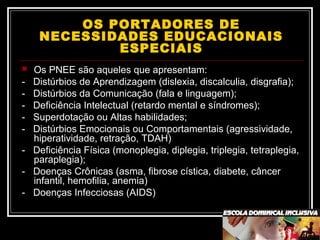 OS PORTADORES DE
NECESSIDADES EDUCACIONAIS
ESPECIAIS
 Os PNEE são aqueles que apresentam:
- Distúrbios de Aprendizagem (dislexia, discalculia, disgrafia);
- Distúrbios da Comunicação (fala e linguagem);
- Deficiência Intelectual (retardo mental e síndromes);
- Superdotação ou Altas habilidades;
- Distúrbios Emocionais ou Comportamentais (agressividade,
hiperatividade, retração, TDAH)
- Deficiência Física (monoplegia, diplegia, triplegia, tetraplegia,
paraplegia);
- Doenças Crônicas (asma, fibrose cística, diabete, câncer
infantil, hemofilia, anemia)
- Doenças Infecciosas (AIDS)
 