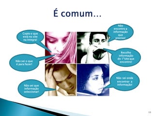 Não
                      encontro a
                     informação
     Copio o que
                         que
     está no site
                       preciso!
     na íntegra!



                           Recolho
                         informação
                        do 1ºsite que
Não sei o que             encontro!
é para fazer!




                       Não sei onde
                       encontrar a
      Não sei que      informação!
      informação
      seleccionar!




                                        11
 