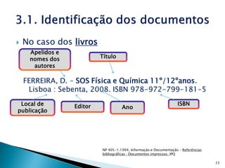    No caso dos livros
     Apelidos e
     nomes dos             Título
      autores

    FERREIRA, D. – SOS Física e Química 11º/12ºanos.
     Lisboa : Sebenta, 2008. ISBN 978-972-799-181-5
 Local de         Editor                                           ISBN
                                     Ano
publicação




                           NP 405-1.1994, Informação e Documentação – Referências
                           bibliográficas : Documentos impressos. IPQ

                                                                                    23
 
