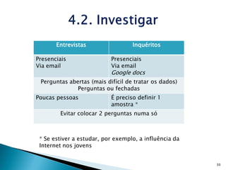 Entrevistas                 Inquéritos

Presenciais                Presenciais
Via email                  Via email
                           Google docs
 Perguntas abertas (mais difícil de tratar os dados)
              Perguntas ou fechadas
Poucas pessoas             É preciso definir 1
                           amostra *
        Evitar colocar 2 perguntas numa só



 * Se estiver a estudar, por exemplo, a influência da
 Internet nos jovens


                                                        30
 