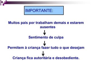 IMPORTANTE:

Muitos pais por trabalham demais e estarem
                   ausentes

           Sentimento de culpa

Permitem à criança fazer tudo o que desejam

  Criança fica autoritária e desobediente.
 