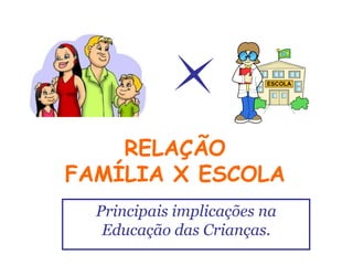 RELAÇÃO
FAMÍLIA X ESCOLA
  Principais implicações na
   Educação das Crianças.
 