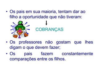 • Os pais em sua maioria, tentam dar ao
  filho a oportunidade que não tiveram:

              COBRANÇAS

• Os professores não gostam que lhes
  digam o que devem fazer;
• Os     pais   fazem       constantemente
  comparações entre os filhos.
 