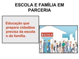ESCOLA E FAMÍLIA EM
PARCERIA
Educação que
prepara cidadãos
precisa da escola
e da família.
 