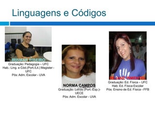 Linguagens e CódigosIRISMAR RIBEIROGraduação: Pedagogia – UFCHab.: Ling. e Cód.(Port./Lit.) Magister -UFCPós: Adm. Escolar - UVAREJANE PIMENTELGraduação: Ed. Física – UFCHab: Ed. Física EscolarPós: Ensino de Ed. Física - FFBNORMA CAMPOSGraduação: Letras (Port.-Esp.)- UECEPós: Adm. Escolar - UVA
