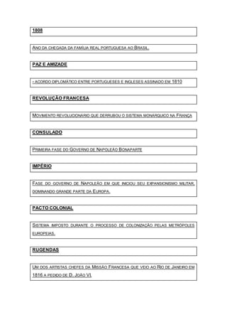 1808
ANO DA CHEGADA DA FAMÍLIA REAL PORTUGUESA AO BRASIL.
PAZ E AMIZADE
- ACORDO DIPLOMÁTICO ENTRE PORTUGUESES E INGLESES ASSINADO EM 1810
REVOLUÇÃO FRANCESA
MOVIMENTO REVOLUCIONÁRIO QUE DERRUBOU O SISTEMA MONÁRQUICO NA FRANÇA
CONSULADO
PRIMEIRA FASE DO GOVERNO DE NAPOLEÃO BONAPARTE
IMPÉRIO
FASE DO GOVERNO DE NAPOLEÃO EM QUE INICIOU SEU EXPANSIONISMO MILITAR,
DOMINANDO GRANDE PARTE DA EUROPA.
PACTO COLONIAL
SISTEMA IMPOSTO DURANTE O PROCESSO DE COLONIZAÇÃO PELAS METRÓPOLES
EUROPEIAS.
RUGENDAS
UM DOS ARTISTAS CHEFES DA MISSÃO FRANCESA QUE VEIO AO RIO DE JANEIRO EM
1816 A PEDIDO DE D. JOÃO VI.
 