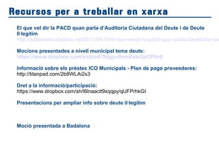 Recursos per a treballar en xarxa
El que vol dir la PACD quan parla d’Auditoria Ciutadana del Deute i de Deute
Il·legítim
http://auditoriaciudadana.net/2013/04/10/el-que-vol-dir-la-pacd-quan-parla-dauditoria-ciut
Mocions presentades a nivell municipal tema deute:
https://www.dropbox.com/sh/jce475dgyvifsmd/ate2pCP6o0
Informació sobre els prèstec ICO Municipals - Plan de pago proveedores:
http://titanpad.com/2b8WLAi2s3
Dret a la informació/participació:
https://www.dropbox.com/sh/l6lnaaclt9xqqpy/qlJFPrhkGI
Presentacions per ampliar info sobre deute il·legítim
http://www.slideshare.net/AuditoriaBCN/presentaci-assemblea-deute-illegtim-
05022013
Moció presentada a Badalona
http://badalonaenpositiu.blogspot.com.es/2013/06/a-badalona-no-devem-no-
paguem.html?spref=tw&m=1%29%29
 