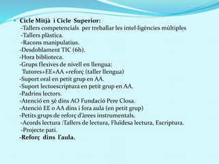  Cicle Mitjà i Cicle Superior:
-Tallers competencials per treballar les intel·ligències múltiples
-Tallers plàstica.
-Racons manipulatius.
-Desdoblament TIC (6h).
-Hora biblioteca.
-Grups flexives de nivell en llengua:
Tutores+EE+AA +reforç (taller llengua)
-Suport oral en petit grup en AA.
-Suport lectoescriptura en petit grup en AA.
-Padrins lectors.
-Atenció en 5è dins AO Fundació Pere Closa.
-Atenció EE o AA dins i fora aula (en petit grup)
-Petits grups de reforç d’àrees instrumentals.
-Acords lectura :Tallers de lectura, Fluïdesa lectura, Escriptura.
-Projecte pati.
-Reforç dins l’aula.
 