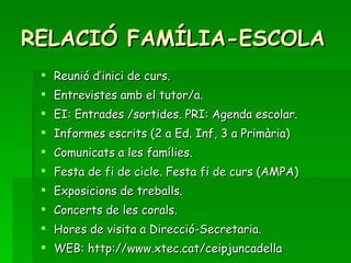 RELACIÓ FAMÍLIA-ESCOLA Reunió d’inici de curs. Entrevistes amb el tutor/a.  EI: Entrades /sortides. PRI: Agenda escolar. Informes escrits (2 a Ed. Inf, 3 a Primària) Comunicats a les famílies. Festa de fi de cicle. Festa fi de curs (AMPA) Exposicions de treballs. Concerts de les corals. Hores de visita a Direcció-Secretaria. WEB: h ttp://www.xtec.cat/ceipjuncadella 