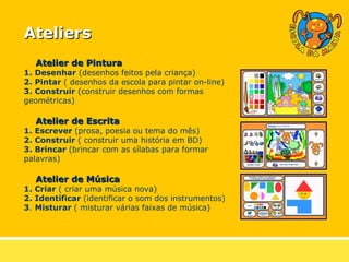 Atelier de Pintura 1. Desenhar  (desenhos feitos pela criança) 2. Pintar  ( desenhos da escola para pintar on-line) 3. Construir  (construir desenhos com formas geométricas)   Atelier de Escrita 1. Escrever  (prosa, poesia ou tema do mês) 2. Construir  ( construir uma história em BD) 3. Brincar  (brincar com as sílabas para formar palavras)   Atelier de Música 1. Criar  ( criar uma música nova) 2. Identificar  (identificar o som dos instrumentos) 3 .  Misturar  ( misturar várias faixas de música)   Ateliers 