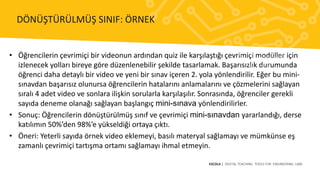 • Öğrencilerin çevrimiçi bir videonun ardından quiz ile karşılaştığı çevrimiçi modüller için
izlenecek yolları bireye göre düzenlenebilir şekilde tasarlamak. Başarısızlık durumunda
öğrenci daha detaylı bir video ve yeni bir sınav içeren 2. yola yönlendirilir. Eğer bu mini-
sınavdan başarısız olunursa öğrencilerin hatalarını anlamalarını ve çözmelerini sağlayan
sıralı 4 adet video ve sonlara ilişkin sorularla karşılaşılır. Sonrasında, öğrenciler gerekli
sayıda deneme olanağı sağlayan başlangıç mini-sınava yönlendirilirler.
• Sonuç: Öğrencilerin dönüştürülmüş sınıf ve çevrimiçi mini-sınavdan yararlandığı, derse
katılımın 50%’den 98%’e yükseldiği ortaya çıktı.
• Öneri: Yeterli sayıda örnek video eklemeyi, basılı materyal sağlamayı ve mümkünse eş
zamanlı çevrimiçi tartışma ortamı sağlamayı ihmal etmeyin.
ESCOLA | DIGITAL TEACHING TOOLS FOR ENGINEERING LABS
DÖNÜŞTÜRÜLMÜŞ SINIF: ÖRNEK
 
