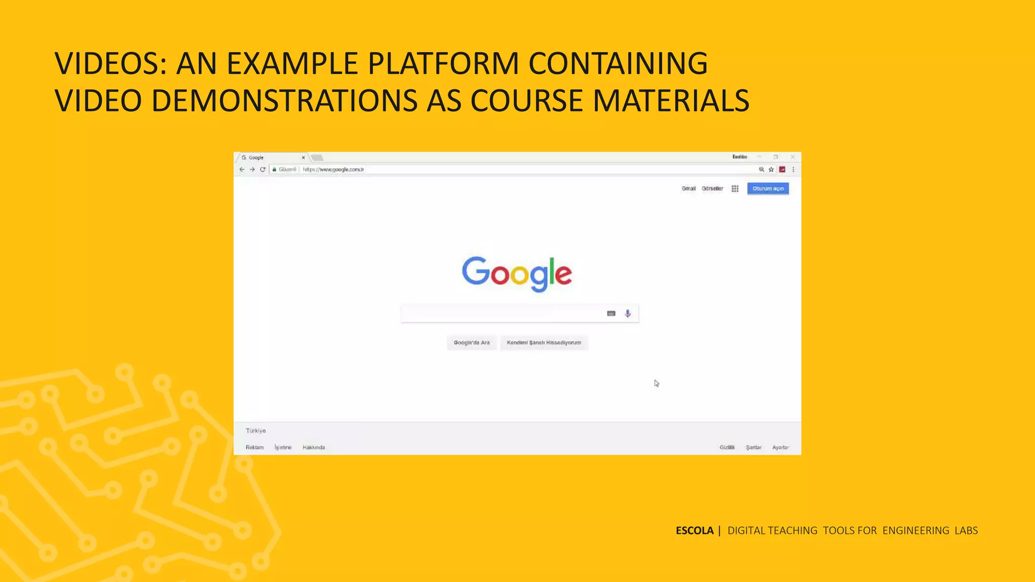 VIDEOS: AN EXAMPLE PLATFORM CONTAINING
VIDEO DEMONSTRATIONS AS COURSE MATERIALS
ESCOLA | DIGITAL TEACHING TOOLS FOR ENGINEERING LABS
 