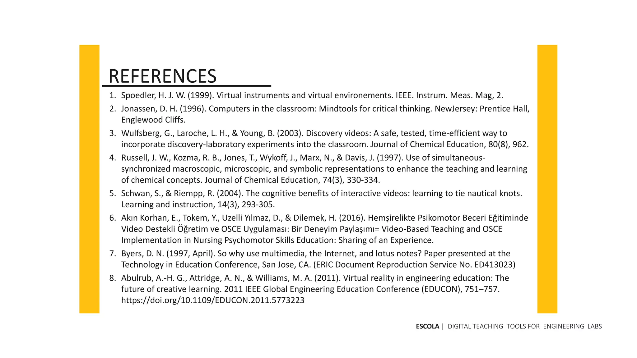 1. Spoedler, H. J. W. (1999). Virtual instruments and virtual environements. IEEE. Instrum. Meas. Mag, 2.
2. Jonassen, D. H. (1996). Computers in the classroom: Mindtools for critical thinking. NewJersey: Prentice Hall,
Englewood Cliffs.
3. Wulfsberg, G., Laroche, L. H., & Young, B. (2003). Discovery videos: A safe, tested, time-efficient way to
incorporate discovery-laboratory experiments into the classroom. Journal of Chemical Education, 80(8), 962.
4. Russell, J. W., Kozma, R. B., Jones, T., Wykoff, J., Marx, N., & Davis, J. (1997). Use of simultaneous-
synchronized macroscopic, microscopic, and symbolic representations to enhance the teaching and learning
of chemical concepts. Journal of Chemical Education, 74(3), 330-334.
5. Schwan, S., & Riempp, R. (2004). The cognitive benefits of interactive videos: learning to tie nautical knots.
Learning and instruction, 14(3), 293-305.
6. Akın Korhan, E., Tokem, Y., Uzelli Yılmaz, D., & Dilemek, H. (2016). Hemşirelikte Psikomotor Beceri Eğitiminde
Video Destekli Öğretim ve OSCE Uygulaması: Bir Deneyim Paylaşımı= Video-Based Teaching and OSCE
Implementation in Nursing Psychomotor Skills Education: Sharing of an Experience.
7. Byers, D. N. (1997, April). So why use multimedia, the Internet, and lotus notes? Paper presented at the
Technology in Education Conference, San Jose, CA. (ERIC Document Reproduction Service No. ED413023)
8. Abulrub, A.-H. G., Attridge, A. N., & Williams, M. A. (2011). Virtual reality in engineering education: The
future of creative learning. 2011 IEEE Global Engineering Education Conference (EDUCON), 751–757.
https://doi.org/10.1109/EDUCON.2011.5773223
REFERENCES
ESCOLA | DIGITAL TEACHING TOOLS FOR ENGINEERING LABS
 