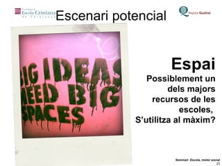 Escenari potencial Espai Possiblement un dels majors recursos de les escoles,  S’utilitza al màxim? 