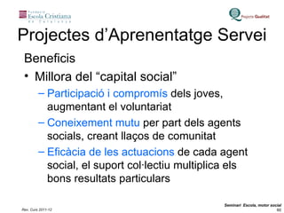 Projectes d’Aprenentatge Servei Beneficis Millora del “capital social” Participació i compromís  dels joves, augmentant el voluntariat Coneixement mutu  per part dels agents socials, creant llaços de comunitat Eficàcia de les actuacions  de cada agent social, el suport col·lectiu multiplica els bons resultats particulars 