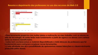 Resumo e depoimento dos professores no uso dos recursos da Web 2.0

Essa ferramenta propiciou-me muitas ideias e motivação no meu trabalho com os alunos na
sala de tecnologia. As aulas terão mais fundamento a partir de agora e os alunos com certeza
serão os maiores beneficiados.
aulas bem exclarecedora e material disponibilizado e total atençao da professora que foi
fundamental para conhecer e explorar novas ferramentas.
Cada atividade nos dá a possibilidade de aprirorarmos nossas intenções e o desenvolvimento
produzido pelos alunos.

 