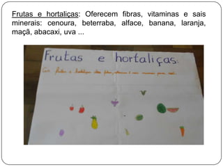 Frutas e hortaliças: Oferecem fibras, vitaminas e sais
minerais: cenoura, beterraba, alface, banana, laranja,
maçã, abacaxi, uva ...

 
