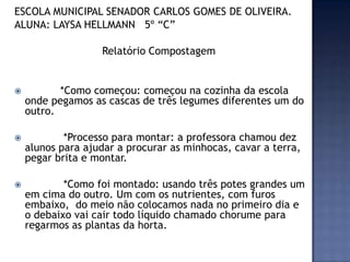 ESCOLA MUNICIPAL SENADOR CARLOS GOMES DE OLIVEIRA.
ALUNA: LAYSA HELLMANN 5º “C”

Relatório Compostagem



*Como começou: começou na cozinha da escola
onde pegamos as cascas de três legumes diferentes um do
outro.



*Processo para montar: a professora chamou dez
alunos para ajudar a procurar as minhocas, cavar a terra,
pegar brita e montar.



*Como foi montado: usando três potes grandes um
em cima do outro. Um com os nutrientes, com furos
embaixo, do meio não colocamos nada no primeiro dia e
o debaixo vai cair todo líquido chamado chorume para
regarmos as plantas da horta.

 