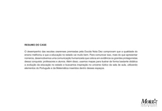 RESUMO DO CASE

O desempenho das escolas cearenses premiadas pela Escola Nota Dez comprovam que a qualidade do
ensino melhorou e que a educação no estado vai muito bem. Para comunicar isso, mais do que apresentar
números, desenvolvemos uma comunicação humanizada que coloca em evidência os grandes protagonistas
dessa conquista: professores e alunos. Além disso, usamos mapas para ilustrar de forma bastante didática
a evolução da educação no estado e buscamos inspiração no universo lúdico da sala de aula, utilizando
elementos do Português e da Matemática inseridos dentro desses espaços.
 