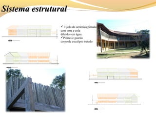 Sistema estruturalSistema estrutural
 Tijolo de cerâmica pintado
com terra e cola
diluídos em água.
Pilares e guarda
corpo de eucalipto tratado
 