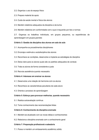 2.2. Organiza o uso do espaço físico

2.3. Prepara material de apoio

2.4. Cuida da saúde mental e física dos alunos

2.5. Mantém relatórios adequados da disciplina e da turma

2.6. Mantém relatórios em conformidade com o que é requerido por leis e normas

2.7. Organiza os trabalhos individuais, em grupos pequenos, ou experiências de
aprendizagem em grupos grandes

Critério 3: Gestão de disciplina dos alunos em sala de aula

3.1. Acompanha os procedimentos disciplinares

3.2. Encoraja e estimula a autodisciplina dos alunos

3.3. Reconhece as condições, desenvolve e implanta as estratégias de disciplina

3.4. Deixa claro para os alunos quais são os padrões adequados de conduta

3.5. Trata os alunos de forma consistente e justa

3.6. Recruta assistência quando necessário

Critério 4: Interesse em ensinar os alunos

4.1. Desenvolve uma relação de harmonia com os alunos

4.2. Reconhece as características peculiares de cada aluno

4.3. Orienta o processo de aprendizagem

Critério 5: Esforço para provocar melhorias, quando necessário

5.1. Realiza autoavaliação contínua

5.2. Toma conhecimento das recomendações feitas

Critério 6: Conhecimento da disciplina ensinada

6.1. Mantém-se atualizado com as novas idéias e conhecimentos

6.2. Relaciona a disciplina ensinada com o conhecimento geral

Critério 7: Preparação profissional e sabedoria

7.1. Possui e mantém um embasamento acadêmico sólido
 