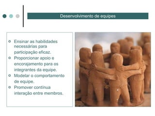 Ensinar as habilidades necessárias para participação eficaz. Proporcionar apoio e  encorajamento para os  integrantes da equipe. Modelar o comportamento de equipe. Promover contínua  interação entre membros. Desenvolvimento de equipes 